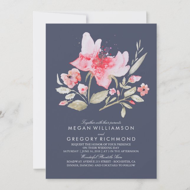Pink and Navy Floral Watercolor Wedding Invitation (Front)