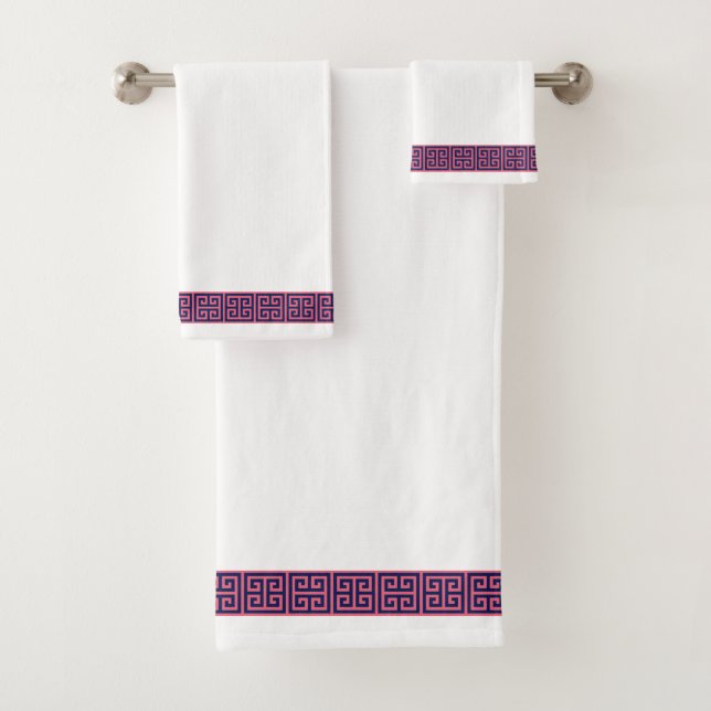 Pink and Navy Greek Key Border Bath Towel Set (Insitu)