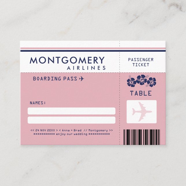 Pink and Navy Hibiscus Boarding Pass Seating Card (Front)