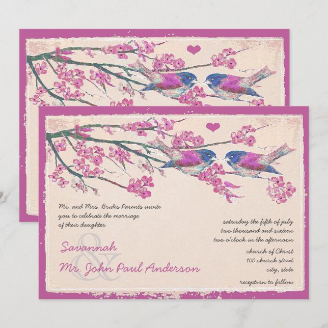 Pink and Navy Love Bird Cherry Blossom Wedding Invitation (Front/Back)