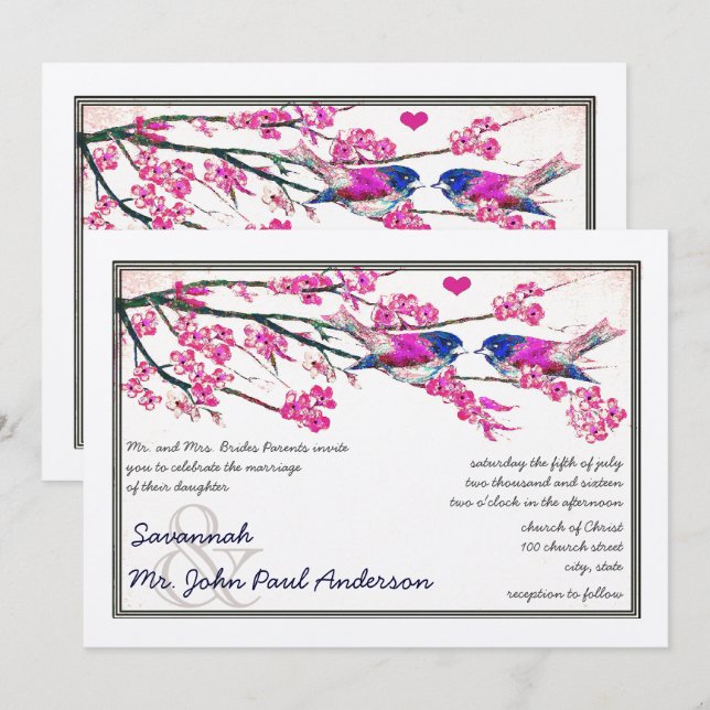 Pink and Navy Love Bird Cherry Blossom Wedding Invitation (Front/Back)