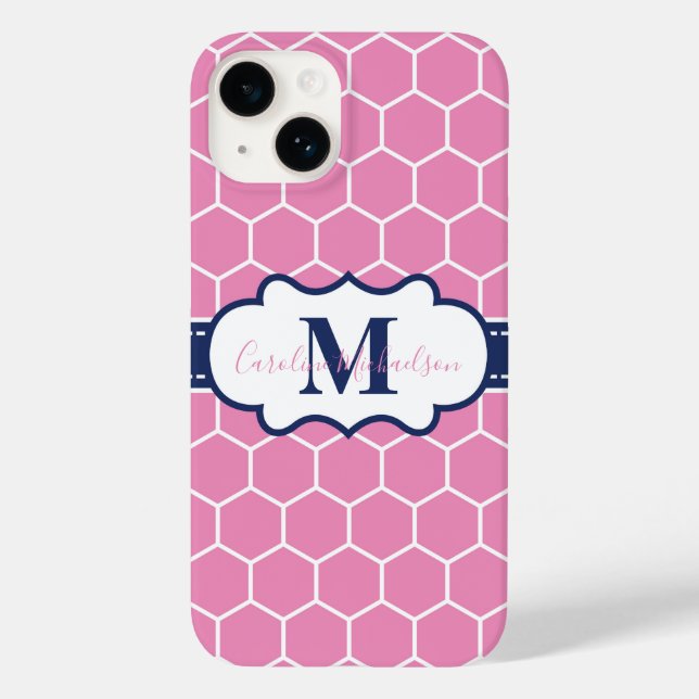 Pink and Navy Monogram Geometric Pattern  Case-Mate iPhone Case (Back)