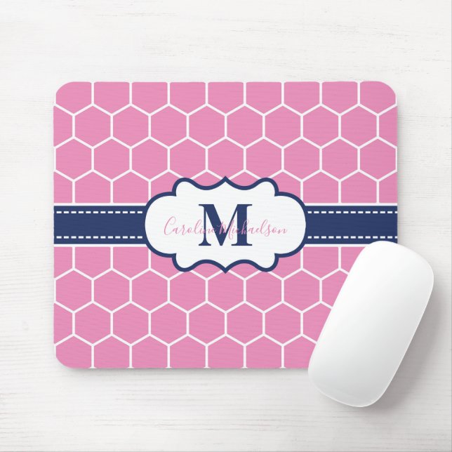Pink and Navy Monogram Geometric Pattern  Mouse Mat (With Mouse)