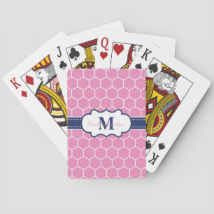 Pink and Navy Monogram Geometric Pattern Playing Cards