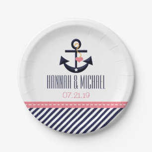 Pink and Navy Nautical Anchor Wedding Paper Plate