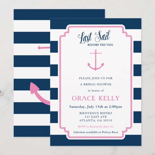 Pink and Navy Nautical Bridal Shower Invitation (Front/Back)