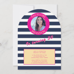 Pink and Navy Nautical Stripes Birthday Party Invitation