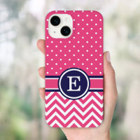 Pink and Navy Preppy Chevron Dots Monogram