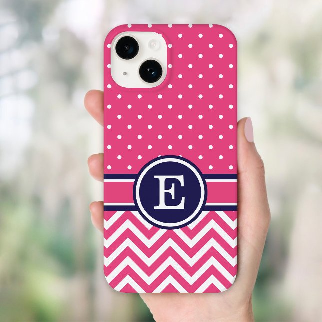 Pink and Navy Preppy Chevron Dots Monogram Case-Mate iPhone Case (Creator Uploaded)