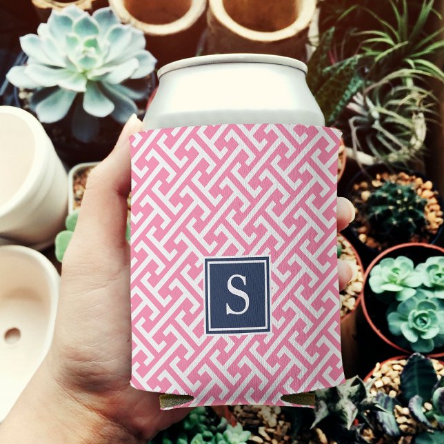 Pink and Navy Preppy Pattern Monogram Can Cooler (Creator Uploaded)