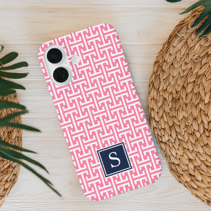 Pink and Navy Preppy Pattern Monogram iPhone 16 Case