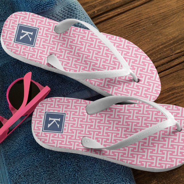 Pink and Navy Preppy Pattern Monogram Flip Flops (Creator Uploaded)