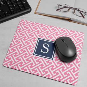 Pink and Navy Preppy Pattern Monogram Mouse Mat