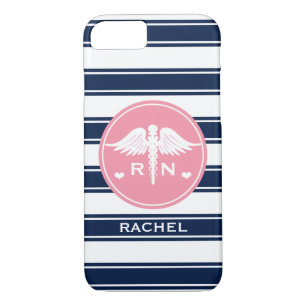 PINK AND NAVY STRIPE CADUCEUS NURSE RN iPhone 8/7 CASE