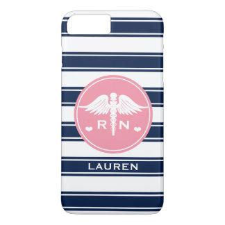 PINK AND NAVY STRIPE CADUCEUS NURSE RN iPhone 8 PLUS/7 PLUS CASE