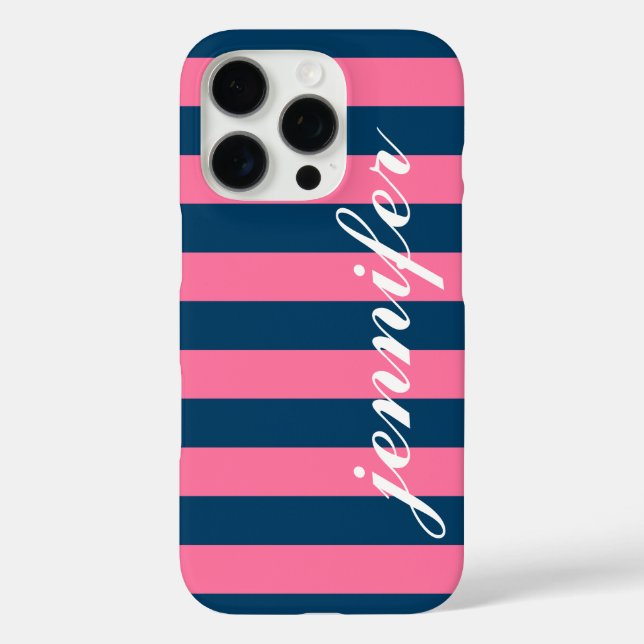 Pink and Navy Stripes Custom Script Monogram Name Case-Mate iPhone Case (Back)