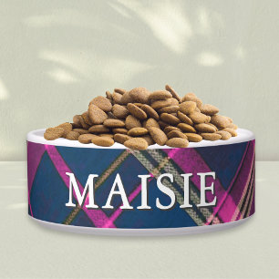 Pink and Navy Tartan Plaid Personalised Pet Dog Bowl