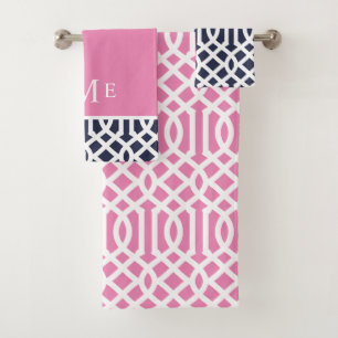 Pink and Navy Trellis Monogram Bath Towel Set