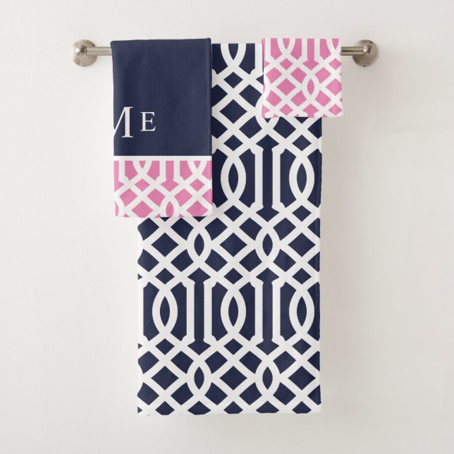 Pink and Navy Trellis Monogram Bath Towel Set (Insitu)