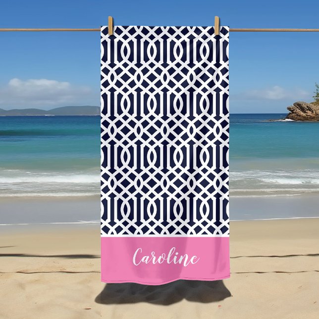 Pink and Navy Trellis Monogram Beach Towel (Creator Uploaded)