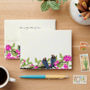 Pink and Navy Vintage Birds Wedding Envelope