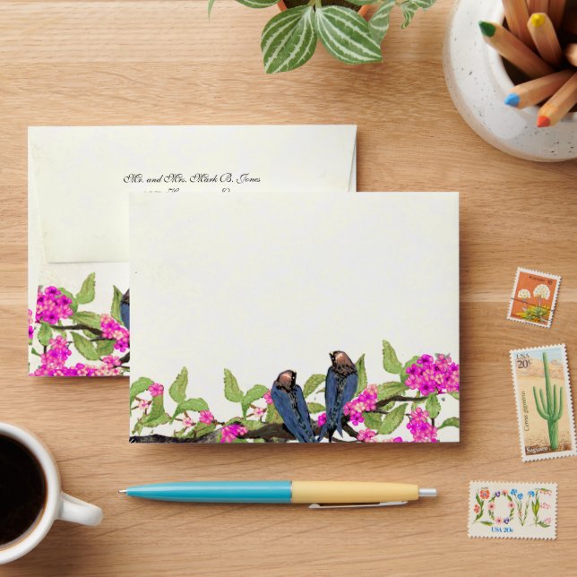 Pink and Navy Vintage Birds Wedding Envelope (Desk)