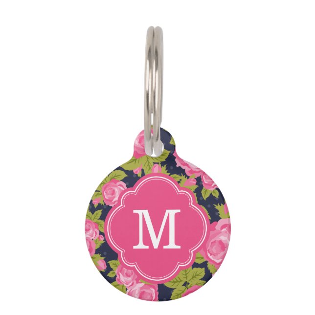 Pink and Navy Vintage Roses Monogram Pet Tag (Front)