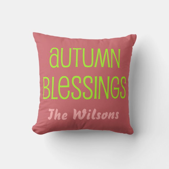 Pink and Neon Green Autumn Blessings Family Cushion (Front)