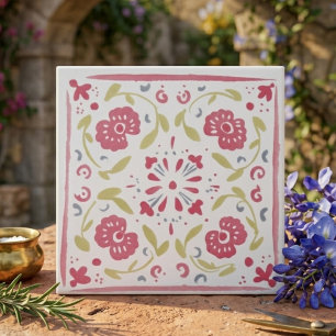 Pink and Olive Folk Art Floral Decorative Tile