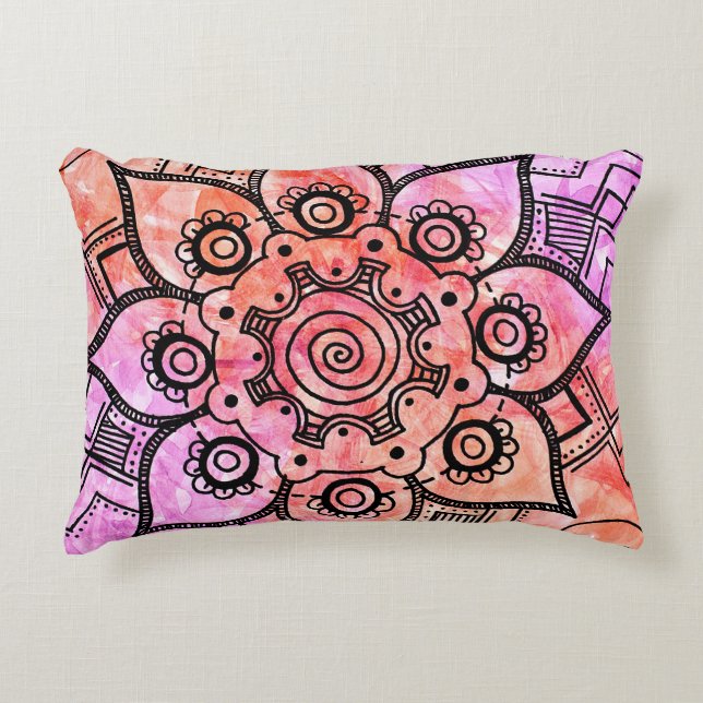 Pink and Orange Abstract Mandala Accent Pillow (Front)