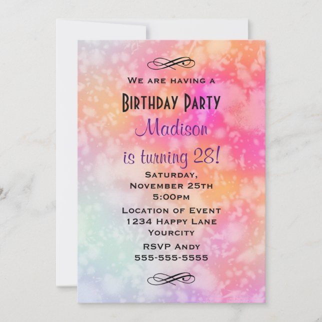 Pink and Orange Abstract Watercolor Birthday Invitation (Front)