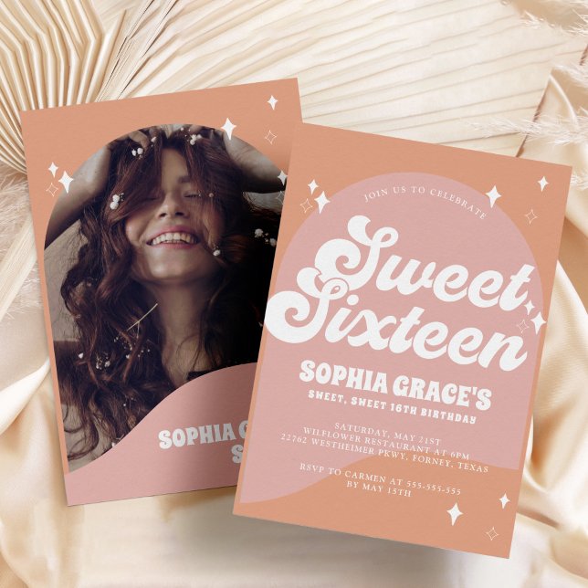 Pink and Orange Boho Arch & Photo Retro Sweet 16 Invitation (Creator Uploaded)