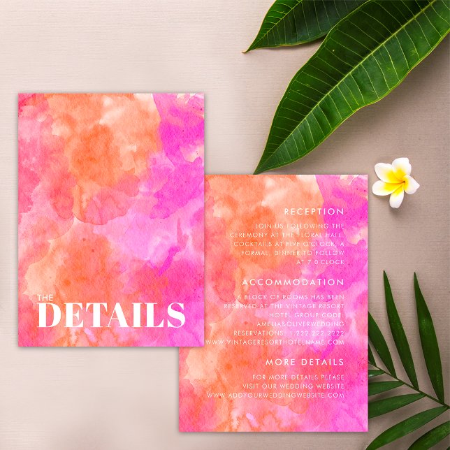 Pink and Orange Bold Minimal Wedding Details Enclosure Card (Front / Back)