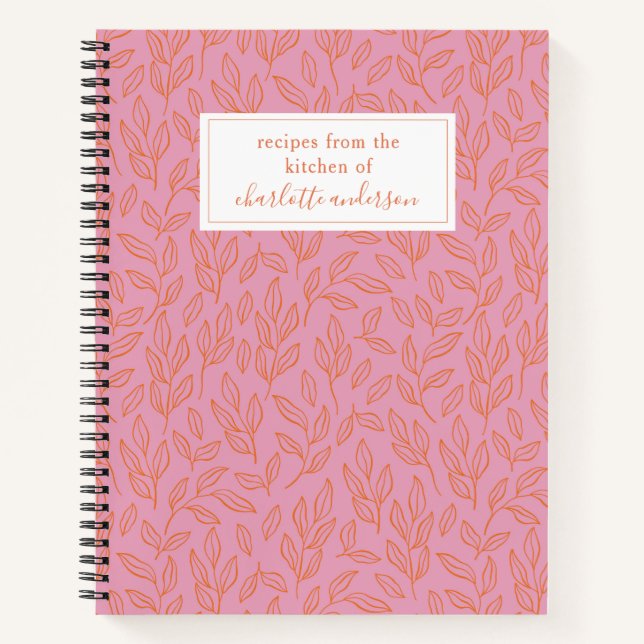 Pink and Orange Botanical Leaf Pattern Recipe Notebook (Front)