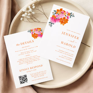 Pink and Orange Bright Floral Wedding & Details Invitation
