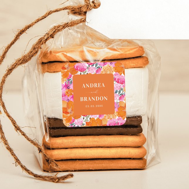 Pink and Orange Bright Summer Floral Wedding Square Sticker (Creator Uploaded)