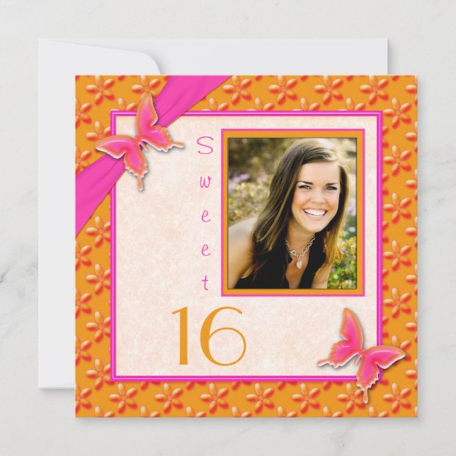 Pink and Orange Butterfly Sweet 16 PHOTO Invite (Front)