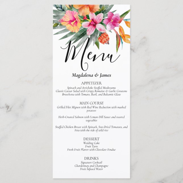 Pink and Orange Colourful Tropical Floral Wedding Menu (Front)