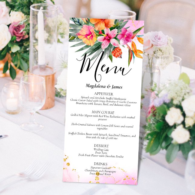 Pink and Orange Colourful Tropical Floral Wedding Menu (Creator Uploaded)