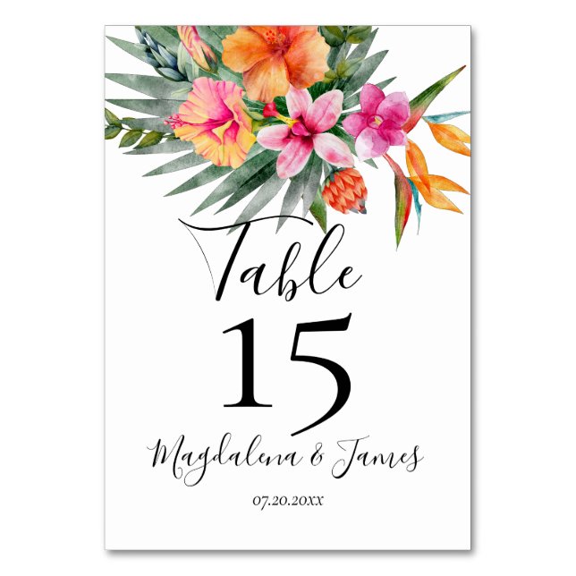Pink and Orange Colourful Tropical Floral Wedding Table Number (Front)
