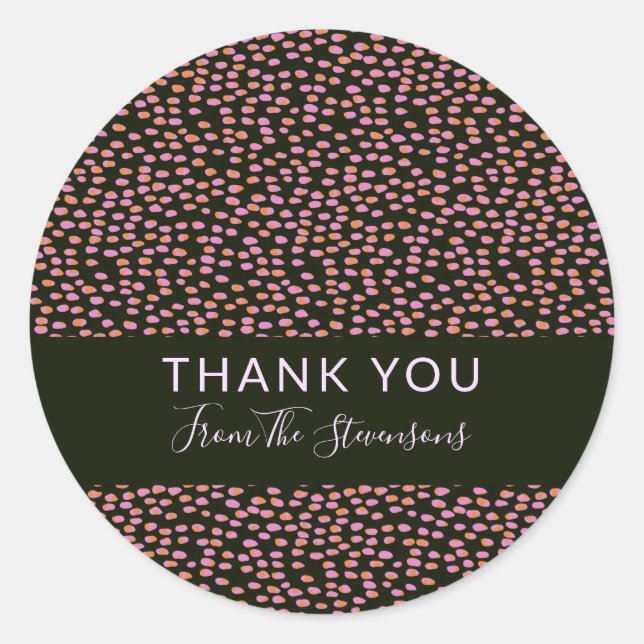 Pink and Orange Confetti Dots on Black Thank You Classic Round Sticker (Front)