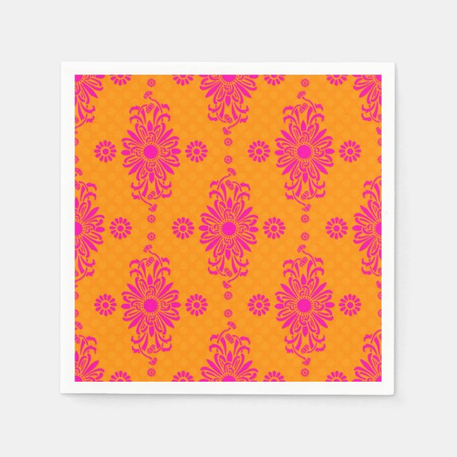 Pink and Orange Daisy Floral Pattern Paper Napkins (Front)