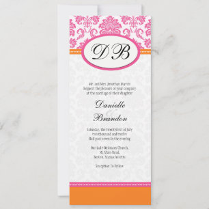 Pink and Orange Damask Monogram Wedding Invitation