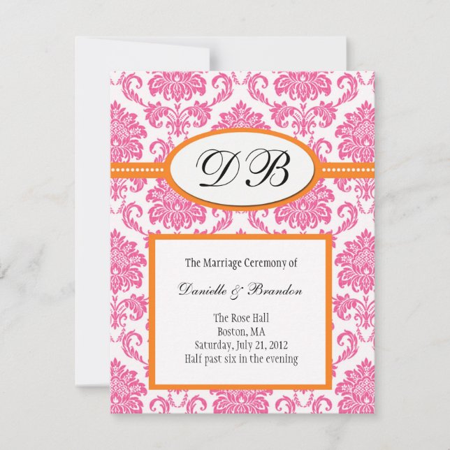 Pink and Orange Damask Monogram Wedding Invitation (Front)