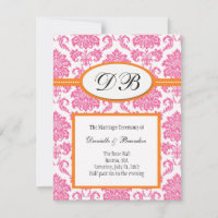 Pink and Orange Damask Monogram Wedding Invitation