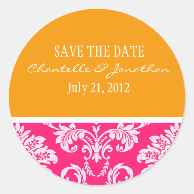 Pink and Orange Damask Wedding Sticker (Front)