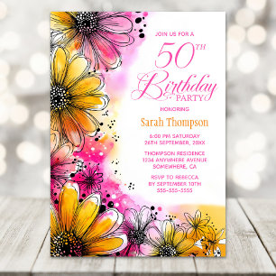 Pink and Orange Floral 50th Birthday Party Invitation