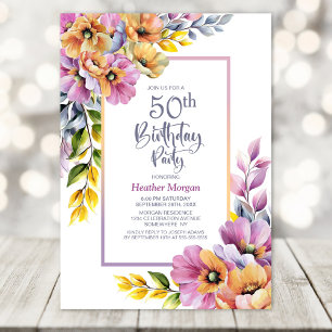 Pink and Orange Floral 50th Birthday Party Invitation