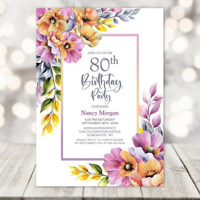 Pink and Orange Floral 80th Birthday Party Invitation (Creator Uploaded)