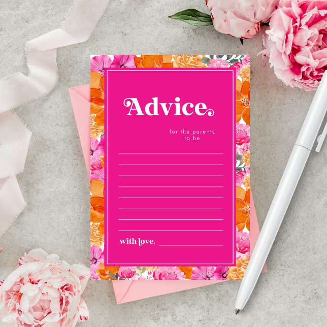 Pink and Orange Floral Baby Shower Parents Advice Card (Creator Uploaded)